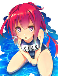 Rule 34 | 10s, 1girl, :o, ahoge, bare shoulders, between legs, blush, breasts, chestnut mouth, from above, hair ornament, hair ribbon, hand between legs, highres, i-168 (kancolle), kantai collection, long hair, looking at viewer, name tag, one-piece swimsuit, open mouth, ponytail, red eyes, red hair, ribbon, school swimsuit, sitting, solo, swimsuit, unomi, v arms, water, x hair ornament