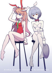Rule 34 | 2girls, 3qaq, absurdres, adapted costume, adjusting hair, animal ears, arm at side, arm up, ayanami rei, bare arms, bare legs, bare shoulders, barefoot, blue eyes, blue hair, bow, bowtie, breasts, cleavage, closed mouth, collar, collarbone, detached collar, dot nose, embarrassed, eyebrows, eyelashes, fake animal ears, female focus, green necktie, grey background, hand on own arm, highres, knees together feet apart, knees up, leotard, long hair, looking at viewer, medium hair, multiple girls, necktie, neon genesis evangelion, orange hair, pale skin, pantyhose, playboy bunny, rabbit ears, red bow, red bowtie, red eyes, red leotard, serious, short hair, simple background, sitting, small breasts, souryuu asuka langley, strapless, strapless leotard, two-tone background, white background, white collar, white leotard, white pantyhose, white wrist cuffs, wrist cuffs