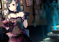 Rule 34 | 1girl, bare shoulders, black dress, black gloves, black hair, blue eyes, breasts, bug, butterfly, choker, corset, dress, flower, gloves, hair flower, hair ornament, highres, indoors, bug, long hair, looking at viewer, original, ribbon, scissors, solo, yoshino ryou