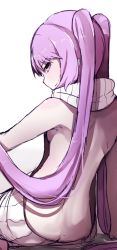Rule 34 | 1girl, backless outfit, bad id, bad pixiv id, bare back, bare shoulders, breasts, butt crack, closed mouth, dress, euryale (fate), fate/grand order, fate (series), highres, long hair, looking at viewer, looking back, meme attire, naked sweater, no bra, no panties, purple eyes, purple hair, ribbed sweater, sideboob, sitting, small breasts, smile, solo, stheno (fate), sweater, sweater dress, turtleneck, turtleneck sweater, twintails, very long hair, virgin killer sweater, wada kazu, white background, white sweater