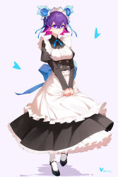 Rule 34 | 1girl, absurdres, alternate costume, apron, black dress, black footwear, buttons, closed mouth, commentary request, creatures (company), crossed bangs, dot (pokemon), dress, enmaided, eyelashes, full body, game freak, hair between eyes, heart, highres, long sleeves, looking at viewer, maid, nintendo, oare cat, own hands together, pokemon, pokemon (anime), pokemon ears, pokemon horizons, purple eyes, purple hair, shoes, smile, socks, solo, standing, white apron, white socks