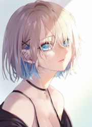 Rule 34 | 1girl, bare shoulders, black bra, black choker, blonde hair, blue eyes, blue hair, bra, breasts, choker, cleavage, collarbone, colored inner hair, commentary, cross, cross choker, ear piercing, english commentary, hair ornament, highres, looking at viewer, magako, medium breasts, mole, mole under eye, multicolored hair, off shoulder, original, parted lips, piercing, pink lips, short hair, smile, solo, sweat, two-tone hair, underwear, upper body, x hair ornament