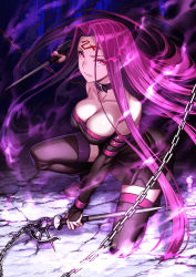 Rule 34 | 1girl, bare shoulders, black collar, black dress, black thighhighs, breasts, chain, cleavage, collar, collarbone, commentary request, detached sleeves, dress, facial mark, fate/stay night, fate (series), forehead mark, highres, holding, holding weapon, large breasts, long hair, medusa (fate), medusa (rider) (fate), on one knee, parted bangs, porikeracchou, purple eyes, purple hair, solo, thighhighs, very long hair, weapon
