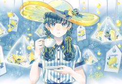 Rule 34 | 1girl, blue background, blue bow, blue eyes, blue hair, bow, braid, commentary, cup, earrings, food, fruit, hat, hat bow, hat ornament, jewelry, lemon, lemon slice, looking at viewer, original, saucer, shirt, short sleeves, signature, striped clothes, striped shirt, symbol-only commentary, teabag, teacup, twin braids, upper body, white headwear, yellow pupils, yuzor a rancia