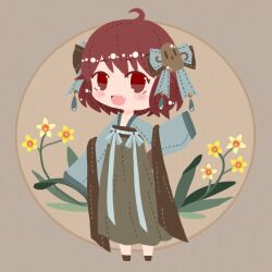 Rule 34 | 1other, ahoge, alternate costume, blue bow, blue sleeves, bow, brown background, brown bow, brown footwear, brown robe, chinese clothes, circle, colored eyelashes, commentary request, fang, flower, flower request, full body, hagoromo, hair bow, hanfu, haniwa hair ornament, katano sukune, kotomine kokoro, len&#039;en, light blush, long sleeves, looking at viewer, multiple hair bows, one-hour drawing challenge, open mouth, other focus, red eyes, red hair, ribbon-trimmed bow, robe, shawl, shoes, short hair, sleeves past fingers, sleeves past wrists, smile, solo, white bow, wide sleeves, yellow flower