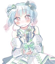 Rule 34 | 1girl, :|, bare shoulders, blue hair, blush, bow, cha ipride, closed mouth, collared shirt, cowboy shot, detached sleeves, dutch angle, glowstick, gradient hair, green bow, hair bow, highres, holding, holding glowstick, hyodou shizuku, idoly pride, lapels, looking at viewer, multicolored hair, own hands together, pink hair, pleated skirt, red eyes, shirt, short twintails, simple background, skirt, sleeveless, sleeveless shirt, solo, tearing up, twintails, white background, white shirt, white skirt, white sleeves