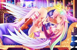 Rule 34 | 1girl, angel, angel wings, animal ears, asymmetrical legwear, bird ears, book, breasts, bridal gauntlets, closed mouth, commentary, spiked halo, couch, crop top, english commentary, feathered wings, gradient hair, halo, highres, holding, holding book, indoors, jibril (no game no life), jj quinn, long hair, looking at viewer, low wings, lying, magic circle, medium breasts, midriff, mismatched legwear, multicolored hair, no game no life, on back, pink hair, shoes, single shoe, solo, tattoo, thighs, very long hair, white wings, wing ears, wings, yellow eyes