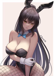 Rule 34 | 1girl, animal ears, bare arms, bare shoulders, black hair, black leotard, blue archive, blue bow, blue bowtie, bow, bowtie, breasts, cleavage, closed mouth, commentary, covered navel, dark-skinned female, dark skin, detached collar, fake animal ears, fishnet pantyhose, fishnets, frown, furrowed brow, gloves, gradient hair, hair between eyes, highleg, highleg leotard, highres, holding own arm, jurrig, karin (blue archive), karin (bunny) (blue archive), large breasts, leotard, long hair, multicolored hair, official alternate costume, pantyhose, playboy bunny, ponytail, rabbit ears, revision, sidelocks, solo, strapless, strapless leotard, twitter username, white gloves, yellow eyes