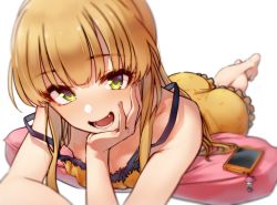 Rule 34 | 1girl, ass, bare legs, bare shoulders, barefoot, blonde hair, blush, cellphone, cellphone charm, character charm, character doll, charm (object), fang, foreshortening, frills, green eyes, hair down, head rest, highres, idolmaster, idolmaster cinderella girls, jougasaki mika, jougasaki rika, kakaobataa, long hair, looking at viewer, lying, nightgown, on stomach, open mouth, phone, pillow, smartphone, smile, solo, strap slip, teeth