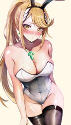 Rule 34 | 1girl, alternate costume, alternate hairstyle, animal ears, black thighhighs, blonde hair, blush, breasts, chest jewel, choker, cleavage, covered navel, drop earrings, earrings, embarrassed, fake animal ears, groin, highleg, highleg leotard, highres, jewelry, large breasts, leonmandala, leotard, long hair, mythra (xenoblade), open mouth, playboy bunny, ponytail, rabbit ears, shiny skin, simple background, solo, sweat, swept bangs, thighhighs, white choker, white leotard, xenoblade chronicles (series), xenoblade chronicles 2, yellow eyes