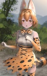 Rule 34 | 1girl, :o, absurdres, animal ear fluff, animal ears, bare shoulders, blonde hair, blurry, blurry background, bow, bowtie, commentary, elbow gloves, extra ears, gloves, high-waist skirt, highres, kemono friends, looking at viewer, open mouth, orange eyes, outdoors, print bow, print bowtie, print gloves, print neckwear, print skirt, print thighhighs, serval (kemono friends), serval print, shirt, short hair, signature, skirt, sleeveless, sleeveless shirt, solo, striped tail, tail, thighhighs, traditional bowtie, welt (kinsei koutenkyoku), white shirt