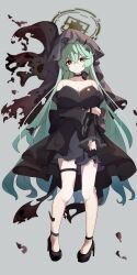 Rule 34 | 1girl, absurdres, ahoge, black choker, black dress, black footwear, blue archive, breasts, choker, cleavage, closed mouth, collarbone, dark halo, dark persona, dress, full body, glimer3048, green hair, grey background, hair between eyes, halo, high heels, highres, large breasts, long hair, long sleeves, looking at viewer, simple background, solo, thigh strap, yellow eyes, yume (blue archive)