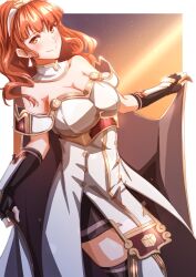 Rule 34 | 1girl, absurdres, black gloves, blush, breasts, celica (fire emblem), cleavage, closed mouth, commentary, dress, earrings, fingerless gloves, fire emblem, fire emblem echoes: shadows of valentia, gloves, gold trim, hairband, highres, jewelry, long hair, looking at viewer, medium breasts, nintendo, orange eyes, revision, smile, solo, strapless, strapless dress, to (tototo tk), wavy hair, white dress, white hairband
