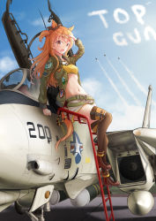 Rule 34 | 1girl, absurdres, aircraft, airplane, breasts, fighter jet, fritz614, highres, jet, mayano top gun (umamusume), military, military vehicle, self-upload, small breasts, umamusume