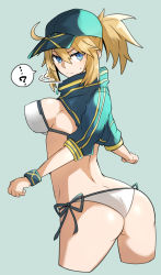 Rule 34 | ...?, 1girl, ?, ahoge, artoria pendragon (fate), ass, baseball cap, bikini, blonde hair, blue eyes, breasts, commentary request, covered erect nipples, fate/grand order, fate (series), from side, gin moku, grey background, hat, highres, jacket, medium breasts, medium hair, mysterious heroine x (fate), mysterious heroine xx (fate), ponytail, shrug (clothing), simple background, solo, spoken question mark, sweatdrop, swimsuit, twisted torso, white bikini