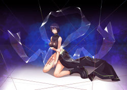 Rule 34 | 1girl, bare arms, bare legs, bare shoulders, black footwear, black hair, breasts, crop top, hagoromo, highres, holding own arm, houshin engi, impossible clothes, j0-j0, kneeling, large breasts, long eyelashes, ou kijin, parted lips, purple eyes, shawl, shoes, short hair, solo, string