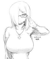 Rule 34 | 1girl, 2019, breasts, glasses, jewelry, large breasts, long hair, looking at viewer, necklace, parasoul (skullgirls), salute, skullgirls, tagme
