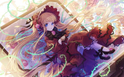 Rule 34 | 1girl, ankle bow, ankle ribbon, black bow, black footwear, black ribbon, blonde hair, blue eyes, bow, capelet, cat princess, dress, dutch angle, floating hair, flower, full body, hair flower, hair ornament, hair ribbon, leg ribbon, lolita fashion, long dress, long hair, long sleeves, looking at viewer, pants, pants under dress, parted lips, pink flower, plant, red capelet, red dress, ribbon, rozen maiden, shinku, solo, twintails, very long hair, vines, white legwear, white pants