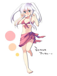 Rule 34 | 1girl, anceril sacred, arms up, bare shoulders, barefoot, bikini, blue eyes, blush, breasts, cleavage, embarrassed, frown, full body, jpeg artifacts, long hair, medium breasts, mishima kurone, no nose, original, sleeveless, solo, standing, standing on one leg, swimsuit, white hair