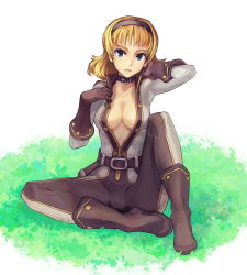 Rule 34 | 00s, 1girl, bad id, bad pixiv id, blonde hair, blue eyes, bodysuit, breasts, cleavage, collar, forgotten artist, gloves, hairband, medium breasts, natalia luzu kimlasca lanvaldear, official alternate costume, ryman, short hair, sitting, solo, tales of (series), tales of the abyss