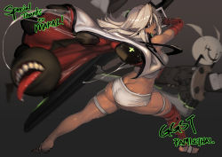 Rule 34 | 1girl, 2others, ass, bandaged arm, bandaged leg, bandages, barefoot, blurry, blurry foreground, breasts, butt crack, cape, character name, commentary, commission, crop top, dark-skinned female, dark skin, english commentary, full body, grey background, guilty gear, guilty gear strive, hat, highres, holding, holding sword, holding weapon, huge weapon, living clothes, lucifero (guilty gear), medium breasts, medium hair, multiple others, open mouth, orange eyes, platinum blonde hair, ramlethal valentine, short shorts, shorts, sleeveless, solo focus, sweat, sword, teeth, thick thighs, thigh strap, thighs, turning head, unizama, upper teeth only, weapon, white cape