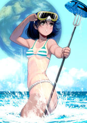 Rule 34 | 1girl, arm up, bikini, black hair, blush, breasts, brown hair, cowboy shot, day, earth (planet), fish, fundoshi, goggles, goggles on head, holding, japanese clothes, kouno (masao), medium breasts, original, partially submerged, planet, polearm, short hair, solo, spear, striped bikini, striped clothes, swimsuit, tan, tanline, trident, wading, water, weapon, wet