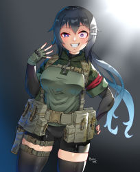 Rule 34 | &gt;:), 1girl, absurdres, bike shorts, black hair, black shorts, blue hair, breasts, camouflage, constricted pupils, cowboy shot, crazy, crazy eyes, crazy smile, evil grin, evil smile, fingerless gloves, gloves, gluteal fold, grin, hand on own hip, highres, hitch (perotoss), long hair, long sleeves, looking at viewer, medium breasts, military, military uniform, original, ponytail, purple eyes, shorts, smile, smirk, smug, solo, standing, thigh gap, thighhighs, thighs, uniform, wide-eyed