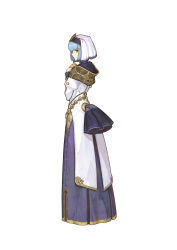 Rule 34 | 1girl, absurdres, back, blue eyes, blue hair, detached sleeves, dress, fire emblem, fire emblem echoes: shadows of valentia, full body, hidari (left side), highres, looking at viewer, looking back, nintendo, official art, own hands together, short hair, silque (fire emblem), simple background, smile, solo, veil, white background
