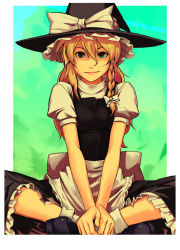 Rule 34 | 1girl, bad id, bad pixiv id, blonde hair, braid, crossed legs, female focus, green eyes, grin, hat, indian style, kirisame marisa, long hair, maid, side braid, sitting, smile, solo, touhou, witch, witch hat, yuuji (and)