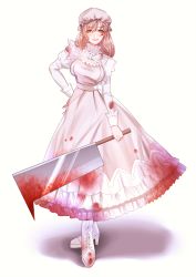 Rule 34 | 10s, 1girl, ama (997841291), apron, blood, blood on clothes, blood on face, bloody weapon, boots, cleaver, cross-laced footwear, dress, full body, hand on own hip, hashitsuki nata, hat, hataraku saibou, high heel boots, high heels, highres, light brown hair, long hair, long sleeves, looking at viewer, macrophage (hataraku saibou), mob cap, nata (tool), oversized object, simple background, smile, solo, standing, weapon, white background, yellow eyes