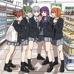 Rule 34 | 5girls, :d, :o, :t, alternate costume, black footwear, black jacket, black socks, blue cardigan, blunt bangs, bottle, brown hair, cardigan, cellphone, commentary request, contemporary, convenience store, double bun, fern (sousou no frieren), full body, green hair, grey hair, grey skirt, hair bun, highres, holding, holding another&#039;s arm, holding bottle, holding phone, indoors, jacket, kanne (sousou no frieren), laufen (sousou no frieren), lawine (sousou no frieren), loafers, long sleeves, multiple girls, open clothes, open jacket, open mouth, perutore, phone, pleated skirt, pout, purple eyes, purple hair, school uniform, shirt, shoes, shop, short hair, side ponytail, skirt, smartphone, smile, socks, sousou no frieren, standing, twintails, ubel (sousou no frieren), white shirt, wing collar