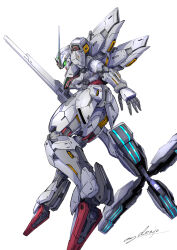 Rule 34 | absurdres, beam cannon, commentary, denjyou23, energy cannon, from below, from side, green eyes, gundam, gundam calibarn, gundam suisei no majo, highres, holding, holding cannon, holding weapon, mecha, mobile suit, no humans, robot, science fiction, signature, solo, thrusters, weapon, white background