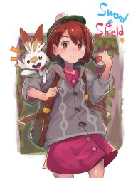 Rule 34 | 1girl, absurdres, backpack, bag, brown eyes, brown hair, closed mouth, collared shirt, copyright name, creatures (company), dress shirt, game freak, gen 8 pokemon, gloria (pokemon), green hat, grey sweater, hat, highres, holding, holding poke ball, hood, hooded sweater, long sleeves, looking at viewer, miniskirt, nintendo, open mouth, poke ball, poke ball (basic), pokemon, pokemon (creature), pokemon swsh, purple shirt, purple skirt, scorbunny, shirt, short hair, skirt, smile, sweater, tam o&#039; shanter, tokage (ragou boss)