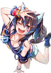 Rule 34 | 1girl, animal ears, bead bracelet, beads, blue footwear, blue nails, blue shirt, blush, boots, bracelet, breasts, brown hair, cleavage, clothing cutout, cutoffs, daitaku helios (umamusume), ear covers, hair ornament, hairclip, hcstyrus ii, highres, horse ears, horse girl, horse tail, jewelry, looking at viewer, multicolored hair, multicolored nails, nail polish, neck, off shoulder, one eye closed, open mouth, round teeth, shirt, short shorts, shorts, side ponytail, simple background, small breasts, smile, solo, sparkle, sports bra, streaked hair, tail, teeth, umamusume, upper teeth only, w, white background, white shorts, wristband, yellow eyes