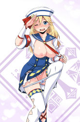Rule 34 | 1girl, blonde hair, blue eyes, blush, breasts, breasts out, capcom, dixie cup hat, earrings, female pubic hair, hat, highres, jewelry, large breasts, long hair, looking at viewer, military hat, monster hunter, monster hunter (series), monster hunter 3 g, necktie, nipples, one eye closed, open mouth, panties, panty pull, pubic hair, pussy, quest receptionist (monster hunter 3 ultimate), sailor hat, salute, solo, sweat, thighhighs, uncensored, underwear, white panties, white thighhighs, wink, zaxwu