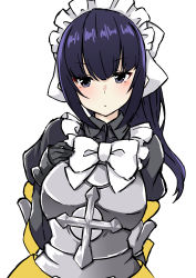 Rule 34 | 1girl, absurdres, armor, artist request, black eyes, black hair, blue eyes, blunt bangs, blush, bow, breasts, dress, gloves, highres, long hair, looking at viewer, maid, maid headdress, medium breasts, narberal gamma, overlord (maruyama), ponytail, simple background, solo, white background