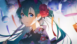 Rule 34 | 1girl, alternate costume, backlighting, blue eyes, blue flower, blue hair, blurry, blurry background, camellia, chromatic aberration, close-up, closed eyes, depth of field, earrings, facing viewer, floral print, flower, flower earrings, gradient background, hair flower, hair ornament, hairclip, hanamoto410, hand fan, hand up, hatsune miku, highres, holding, holding fan, japanese clothes, jewelry, kimono, leaf print, light blue background, light particles, light smile, lips, long hair, looking back, paper fan, purple flower, purple kimono, red flower, sideways glance, simple background, solo, tsurime, uchiwa, upper body, very long hair, vocaloid, white flower, wind chime, x hair ornament, yellow flower