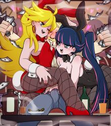 Rule 34 | 1boy, 2girls, alcohol, alternate hairstyle, animal ears, ass, banknote, bare shoulders, bent over, black leotard, blonde hair, blue eyes, breasts, bulge, cleavage, crotch grab, detached collar, earrings, erection, erection under clothes, fake animal ears, fake tail, fingernails, fishnets, green eyes, hand on another&#039;s crotch, hetero, high heels, highres, hoop earrings, jewelry, leg up, leotard, long hair, medium breasts, merunyaa, money, money rain, multicolored hair, multiple girls, nail polish, naughty face, panty &amp; stocking with garterbelt, panty (psg), pantyhose, playboy bunny, prostitution, rabbit ears, rabbit tail, red leotard, siblings, sisters, stocking (psg), strapless, strapless leotard, tail, twintails, two-tone hair, wrist cuffs