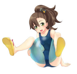 Rule 34 | 1girl, bad id, bad pixiv id, ball, brown hair, chousoku henkei gyrozetter, cool (am2), green eyes, hair ornament, inaba rinne, long hair, sandals, school swimsuit, side ponytail, spread legs, swimsuit, transparent