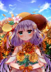 Rule 34 | 10s, 1girl, blue eyes, blue sky, blurry, cloud, cloudy sky, day, depth of field, flower, hair bobbles, hair flower, hair ornament, hat, highres, holding, kanna kamui, kobayashi-san chi no maidragon, looking at viewer, low twintails, milktower, parted lips, petals, purple hair, sky, solo, straw hat, summer, sunflower, twintails