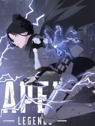 Rule 34 | 1girl, absurdres, animification, apex legends, black hair, black scarf, breasts, bright pupils, copyright name, electricity, floating scarf, from side, grey eyes, hair bun, highres, holding, holding knife, knife, kohaku (k0ha9 kmw), kunai, logo, medium breasts, official alternate costume, open hand, parted lips, scarf, solo, voidwalker wraith, weapon, white pupils, wraith (apex legends)