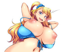 Rule 34 | 10s, 1girl, :d, arms behind head, arms up, bikini, bikini top only, blonde hair, blue bikini, blue eyes, blunt bangs, blush, breasts, breasts out, earrings, front-tie bikini top, front-tie top, galko, hair ornament, hair scrunchie, huge breasts, itachou, jewelry, long hair, looking at viewer, looking down, navel, nervous smile, nipples, open mouth, oshiete! galko-chan, puffy nipples, raised eyebrows, scrunchie, smile, solo, stomach, stud earrings, sweat, swimsuit, two side up, wardrobe malfunction, wavy hair