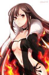 Rule 34 | 1girl, arm strap, black dress, black gloves, black jacket, blush, breasts, brown eyes, brown hair, center opening, choker, cleavage, collarbone, cropped jacket, dress, earrings, elbow gloves, fate/grand order, fate (series), fire, fur-trimmed jacket, fur trim, gloves, jacket, jewelry, long hair, looking at viewer, medium breasts, multiple earrings, navel, open clothes, open jacket, ribbon-trimmed dress, seeds328, simple background, solo, very long hair, white background, yu mei-ren (fate)