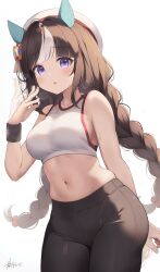 Rule 34 | 1girl, :o, absurdres, animal ears, bare arms, bare shoulders, beret, black pants, blunt bangs, breasts, brown hair, commentary request, cowboy shot, crop top, hand up, hat, hazuki lime, highres, hokko tarumae (umamusume), horse ears, large breasts, leggings, long braid, long hair, looking at viewer, midriff, navel, pants, parted lips, purple eyes, simple background, skindentation, solo, sports bra, standing, stomach, thighs, umamusume, very long hair, white background, white hat, wristband