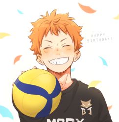 Rule 34 | 1boy, ball, closed eyes, commentary request, confetti, facing viewer, grin, haikyuu!!, happy birthday, hinata shouyou, holding, holding ball, jersey, laugh 111, male focus, orange hair, short hair, smile, solo, sportswear, volleyball, volleyball (object), volleyball uniform
