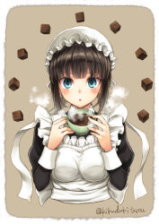 Rule 34 | 1girl, black hair, blue eyes, blush, breasts, brown background, chocolate, cup, hat, holding, holding cup, kikuzuki tarou, looking at viewer, maid, maid cap, medium breasts, meiji (brand), mob cap, open mouth, original, solo, steam, twitter username, upper body, valentine
