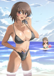 Rule 34 | 2girls, :d, azumanga daiou, ball, bare shoulders, beachball, bikini, black bikini, blush, breasts, brown hair, cameltoe, can, cleavage, cloud, collarbone, day, fang, groin, hair between eyes, halterneck, highres, holding, kagura, kagura (azumanga daioh), large breasts, looking at another, looking at viewer, multiple girls, nose blush, o o, object in clothes, object in swimsuit, ocean, one-piece tan, open mouth, outdoors, partially submerged, shinozuka jouji, short hair, smile, standing, swimsuit, takino tomo, tan, tanline, wading, water, wet