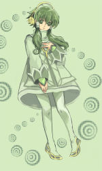 Rule 34 | 00s, 1boy, bad id, bad pixiv id, bishounen, dress, full body, green background, green eyes, green hair, green pantyhose, green theme, hair tubes, hairband, ion (tales), male focus, matching hair/eyes, pantyhose, shoes, shuu (shu-nm), sidelocks, smile, solo, tales of (series), tales of the abyss