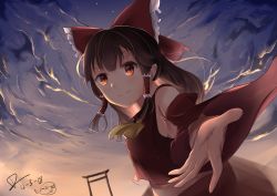 Rule 34 | 1girl, absurdres, armpit peek, blush, bow, breasts, brown eyes, brown hair, cloud, commentary request, dated, detached sleeves, dleung, from side, hair bow, hair tubes, hakurei reimu, highres, japanese clothes, light smile, long hair, looking at viewer, medium breasts, miko, partial commentary, reaching, reaching towards viewer, red bow, sideboob, signature, smile, solo, star (sky), sunset, torii, touhou, upper body, watermark, wide sleeves, yellow neckwear