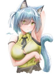 Rule 34 | 1girl, animal ear fluff, arknights, armpits, black bra, blue fur, blue hair, blush, bra, breasts, cat girl, cat tail, commentary request, cropped torso, dated, delphine (arknights), green shirt, highres, large breasts, looking at viewer, monochrome, shirt, simple background, sleeveless, sleeveless shirt, solo, tail, underwear, white background, yellow eyes, yukinoshiro